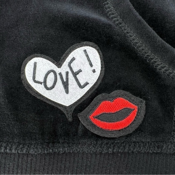 Betsey Johnson Velour Hoodie Zip Front Black Size Small Love! Lips Patch New NWT - Picture 3 of 8